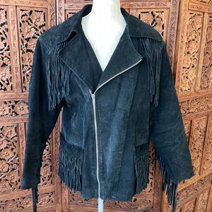 Vintage Black Suede Leather Fringe Western Moto Jacket